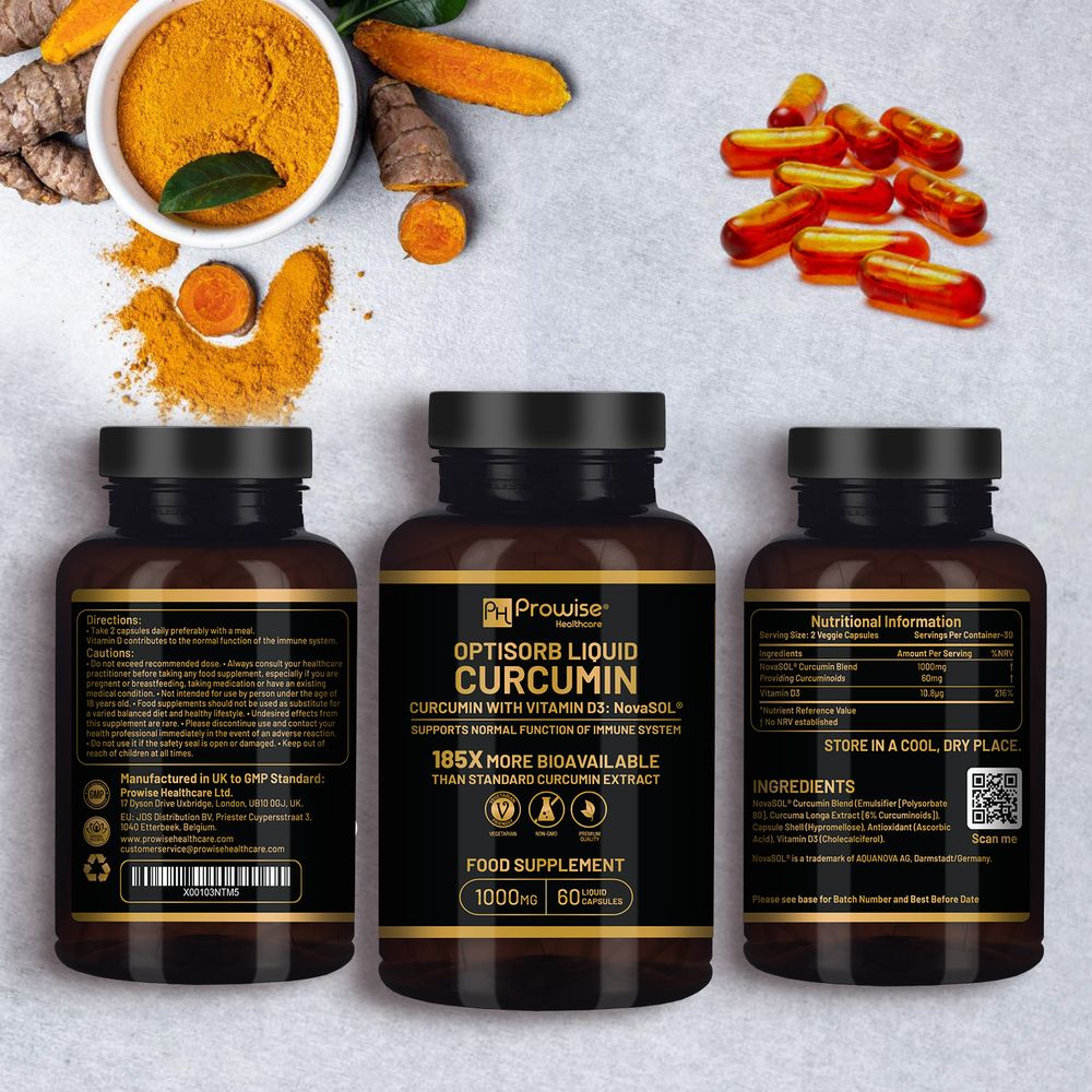 Natural Ultra-Absorbable Optisorb Liquid Curcumin + Vitamin D - 60 Capsules